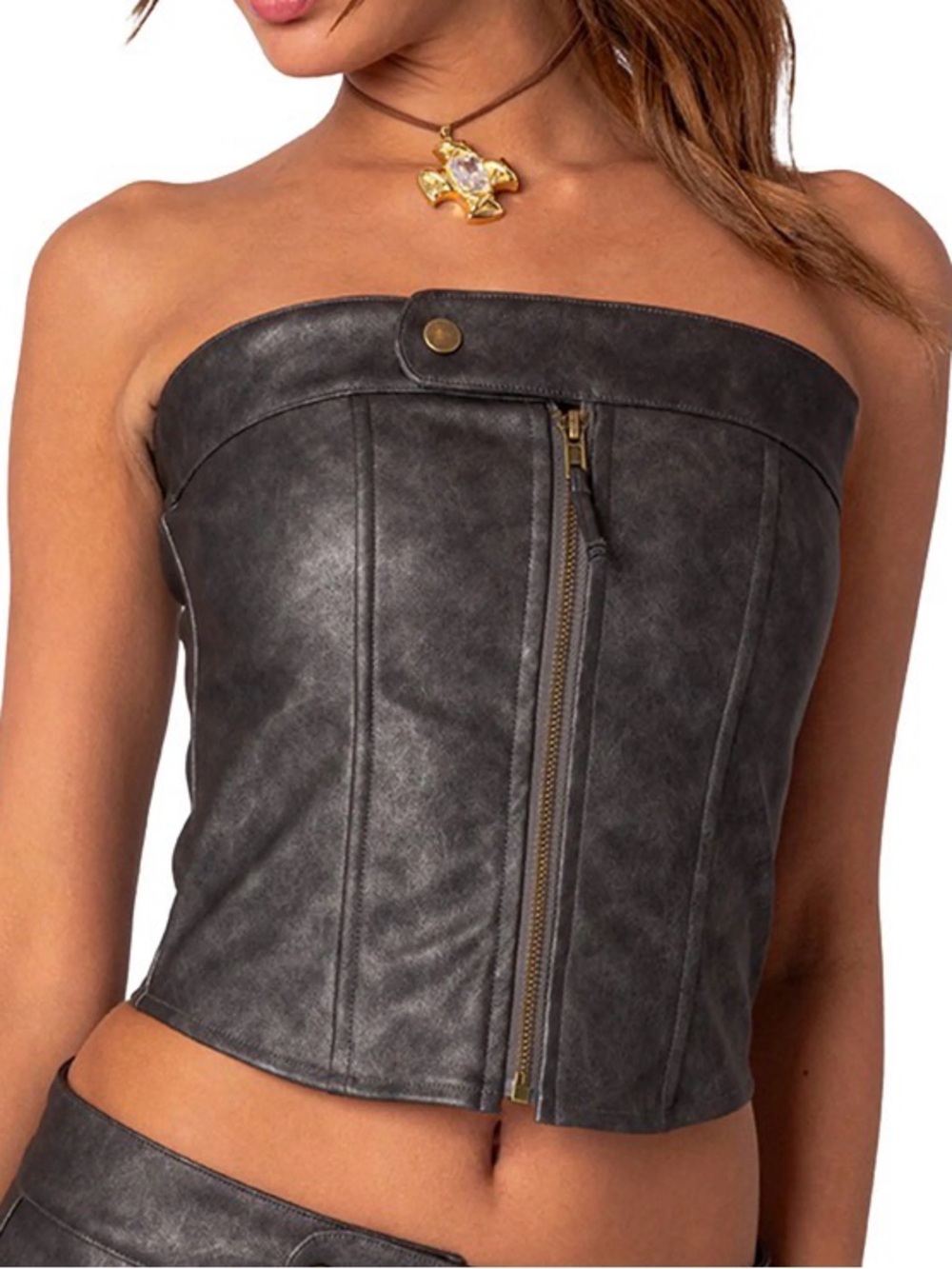 Edikted Ziva Lace Up Strapless Faux Leather Corset Top
